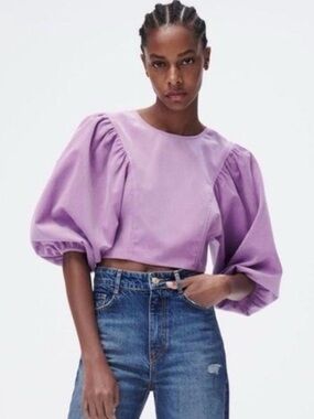 Zara Lilac Puff-Sleeve Crop Top